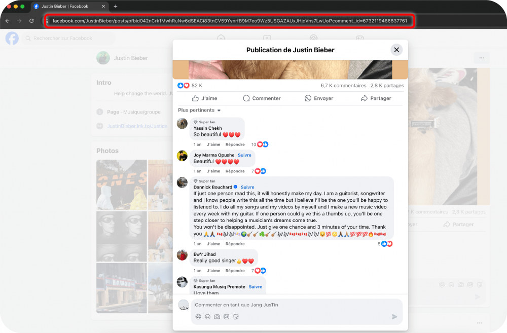 Desktop view of a Facebook post comment section with the time link highlighted for instruction.